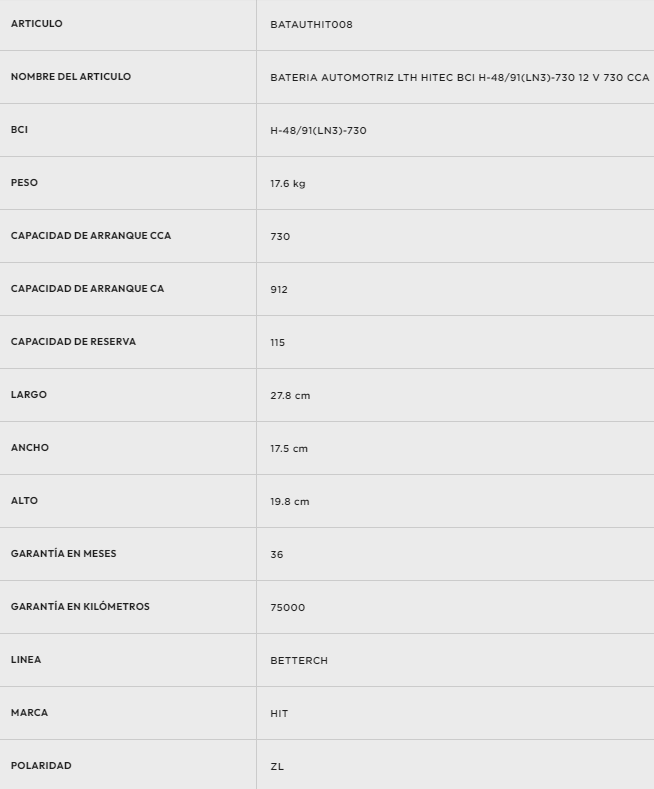 BATERIA AUTOMOTRIZ LTH AGM BCI L-34-740 AGM 12 V 740 CCA