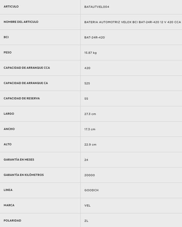 Batería Automotriz Velox  BCI BAT-24R-420 12 V 420 CCA