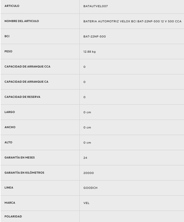 Batería Automotriz Velox BCI BAT-22NF-500 12 V 500 CCA