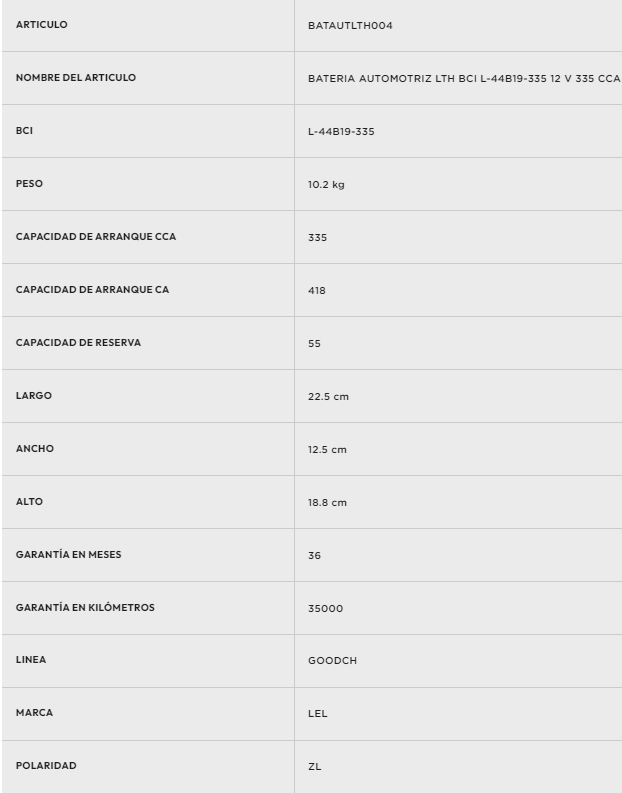 BATERIA AUTOMOTRIZ LTH BCI L-44B19-335 12 V 335 CCA