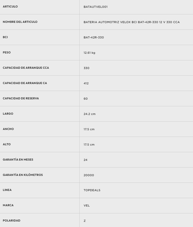 Batería Automotriz Velox BCI BAT-42R-330 12 V 330 CCA