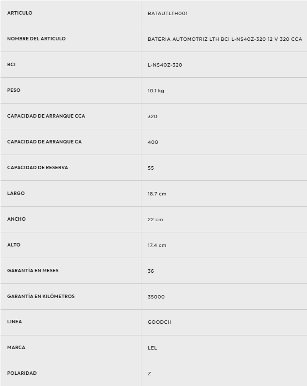 BATERIA AUTOMOTRIZ LTH BCI L-NS40Z-320 12 V 320 CCA